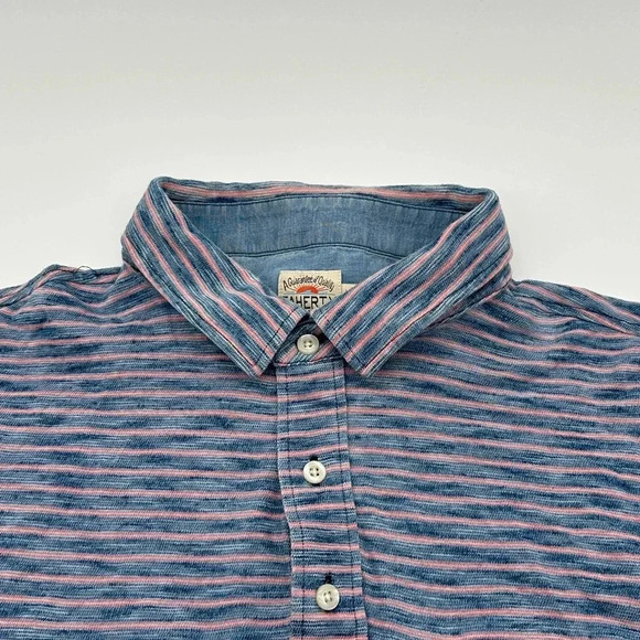 Faherty Brand Men’s Polo Shirt Striped Natural Indigo Dyed Blue/Red Sz XL - Picture 3 of 17